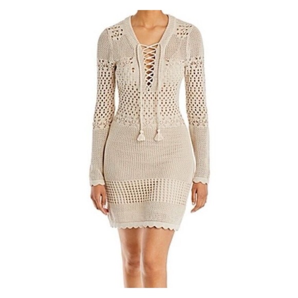 AQUA Crochet Lace Up Mini Dress Black | S - Picture 2 of 8